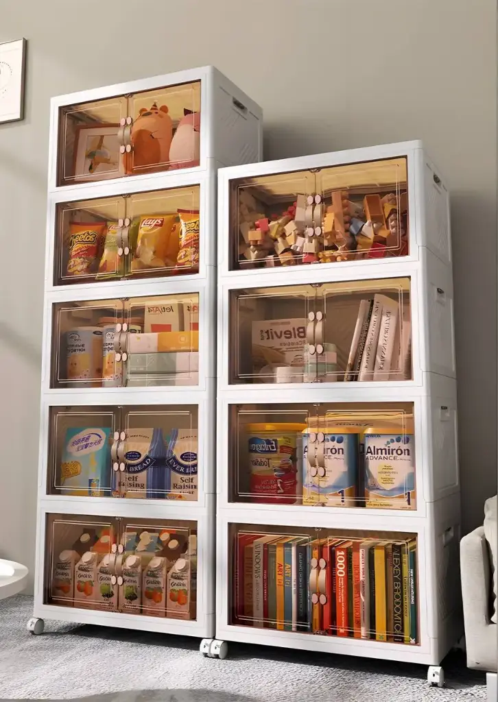 📦 المنظم الذكي المتكامل - خزانة تخزين قابلة للطي بأبواب شفافة وعجلات 🏠✨