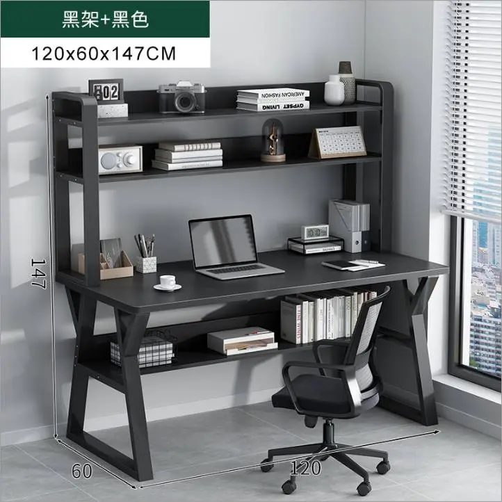 مكتب باللون الاسود مع رفوف علوية